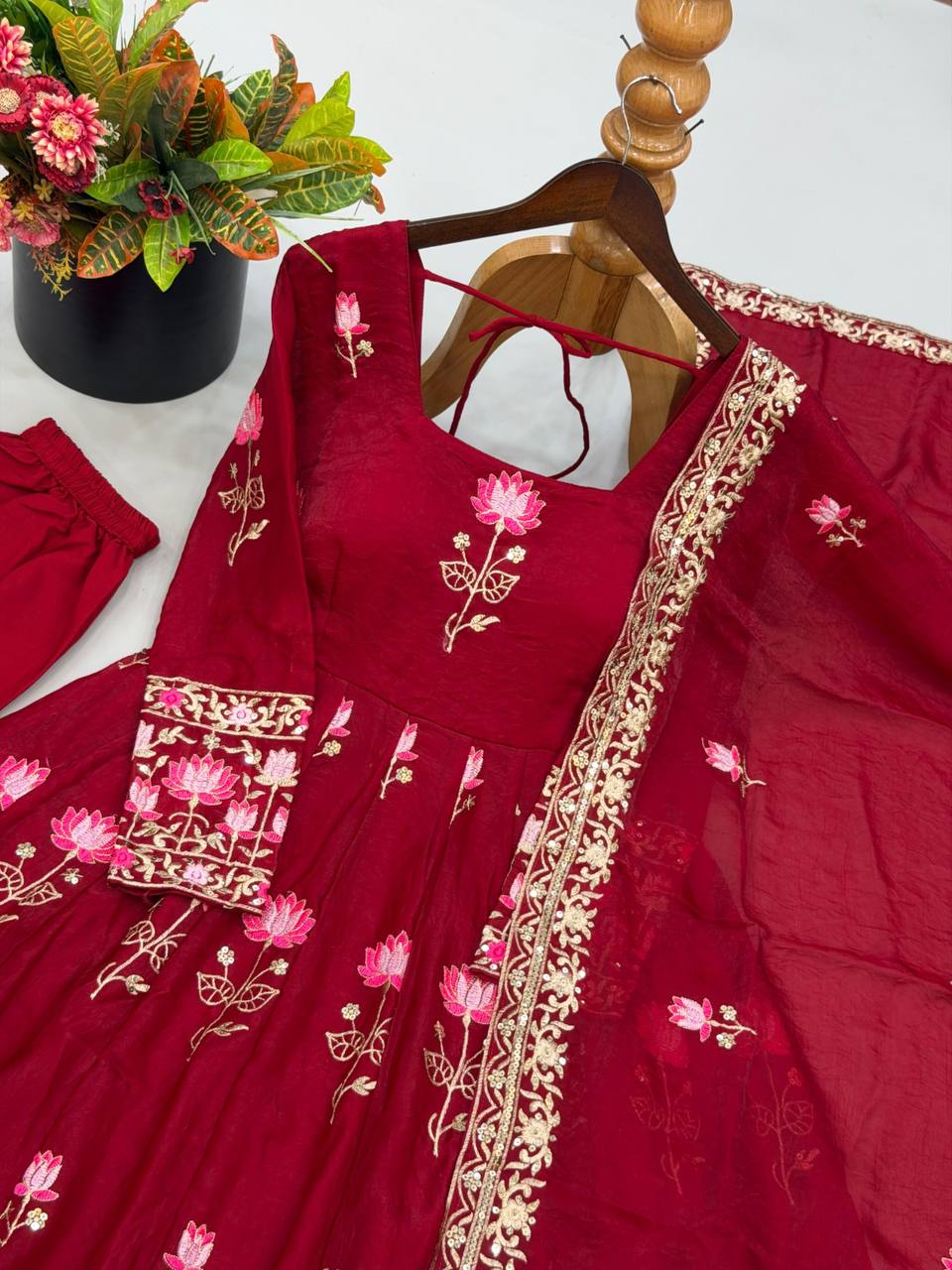 Fendy Silk Flared Gown Set with Sequence Embroidered Dupatta & Micro Cotton Pant