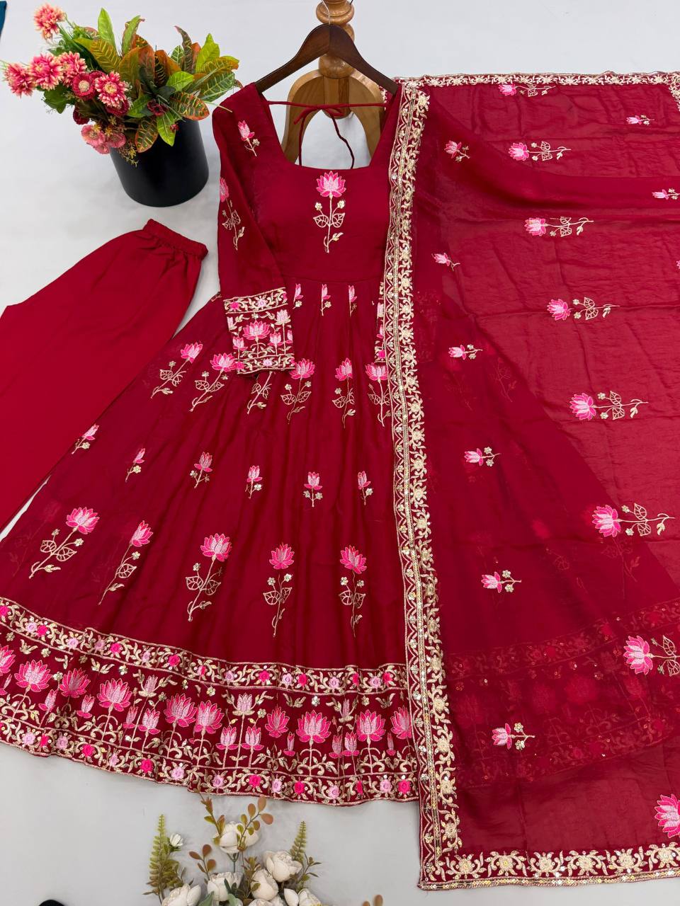 Fendy Silk Flared Gown Set with Sequence Embroidered Dupatta & Micro Cotton Pant