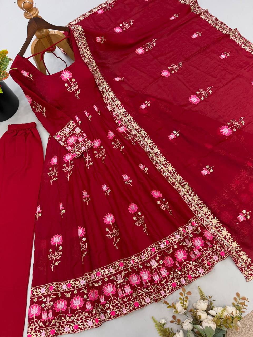 Fendy Silk Flared Gown Set with Sequence Embroidered Dupatta & Micro Cotton Pant