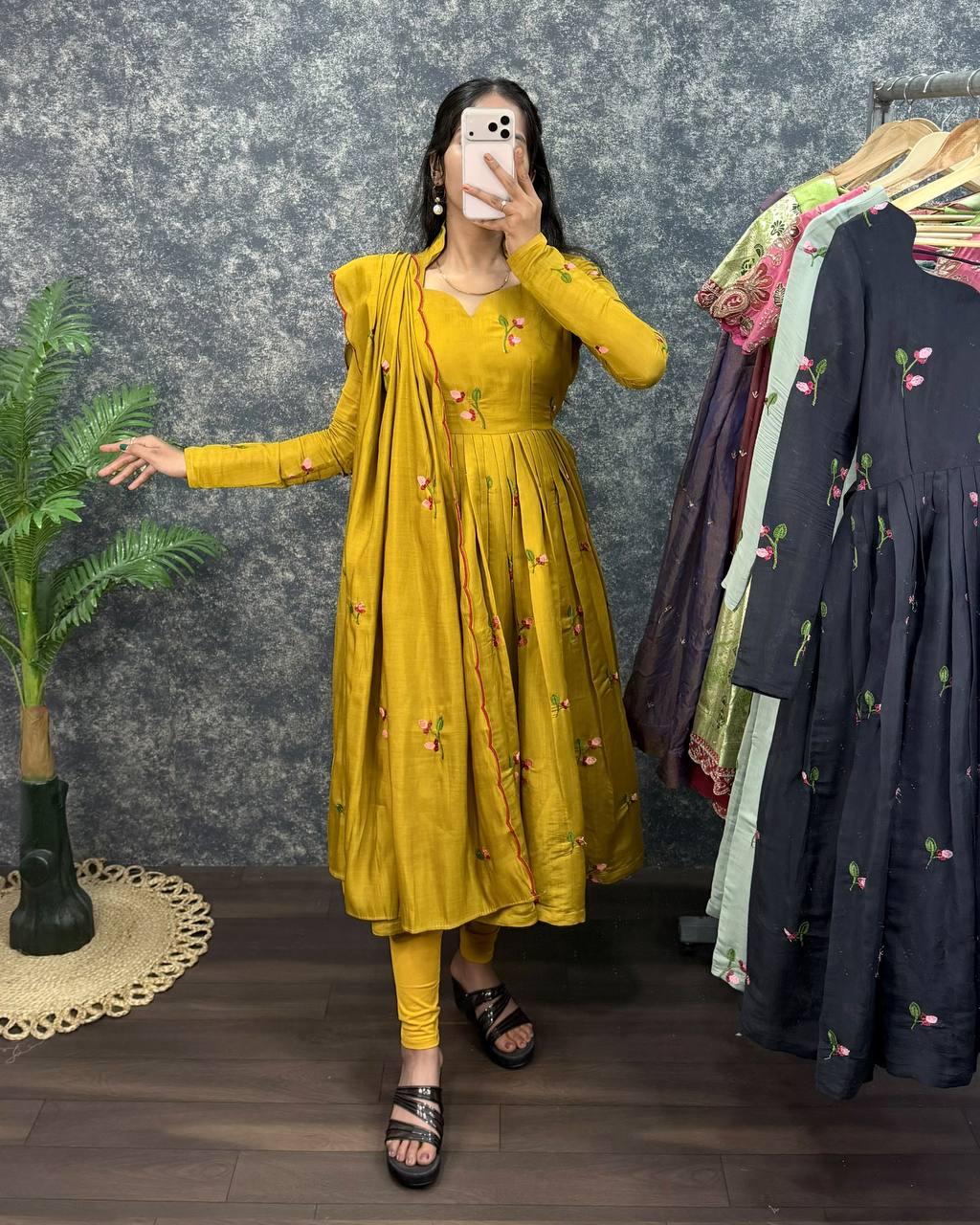 South Mull Chanderi Embroidery Work Flared Anarkali Gown with Dupatta