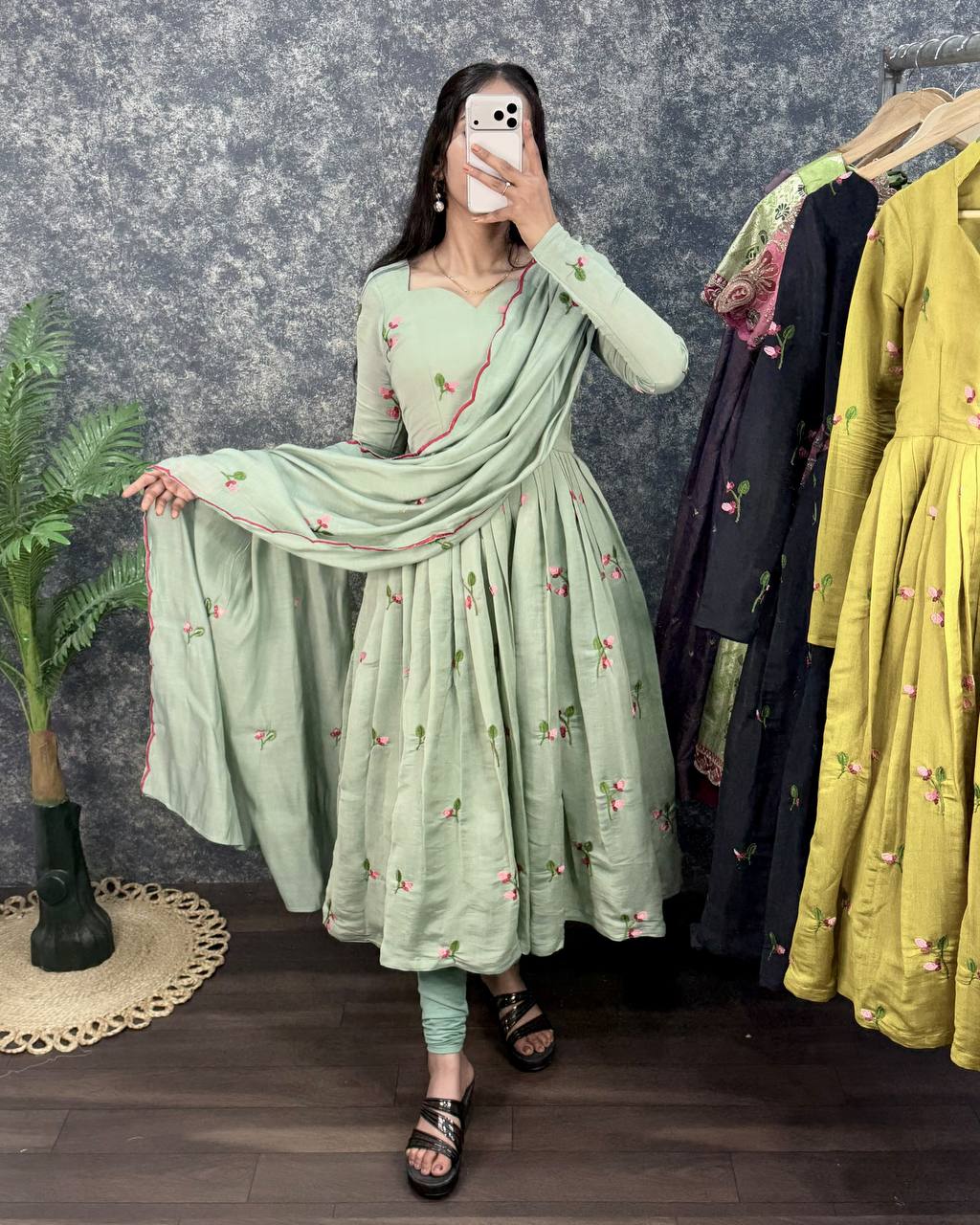 South Mull Chanderi Embroidery Work Flared Anarkali Gown with Dupatta