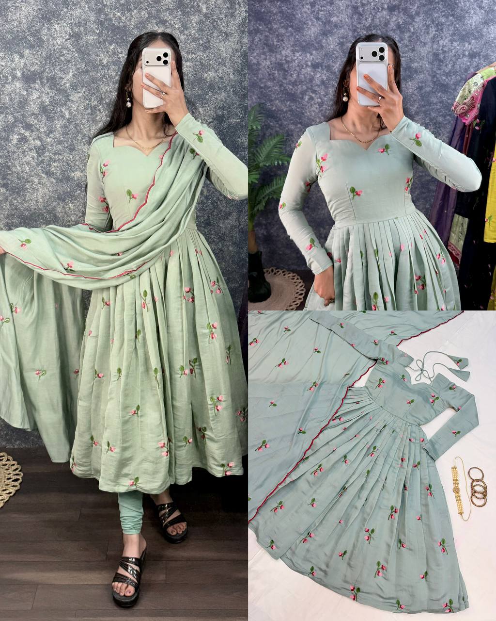 South Mull Chanderi Embroidery Work Flared Anarkali Gown with Dupatta