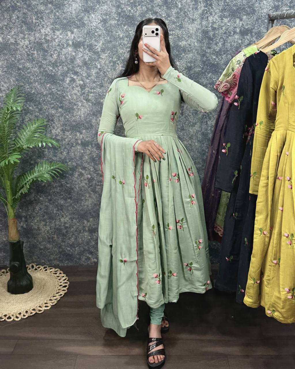 South Mull Chanderi Embroidery Work Flared Anarkali Gown with Dupatta