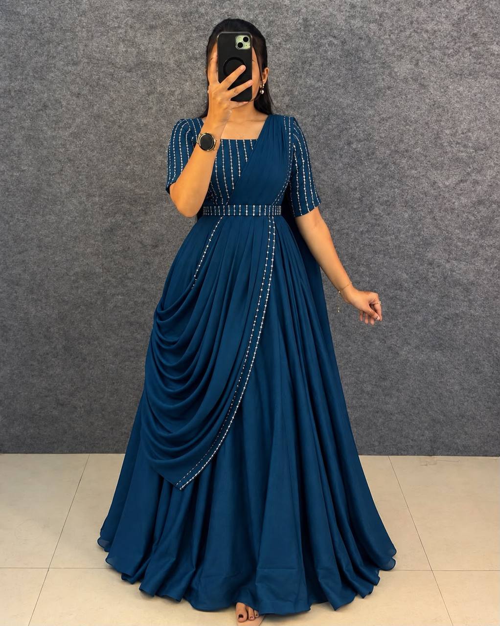 Blooming Vichitra Silk Draping Style Party Wear Gown Set with Dupatta & Belt