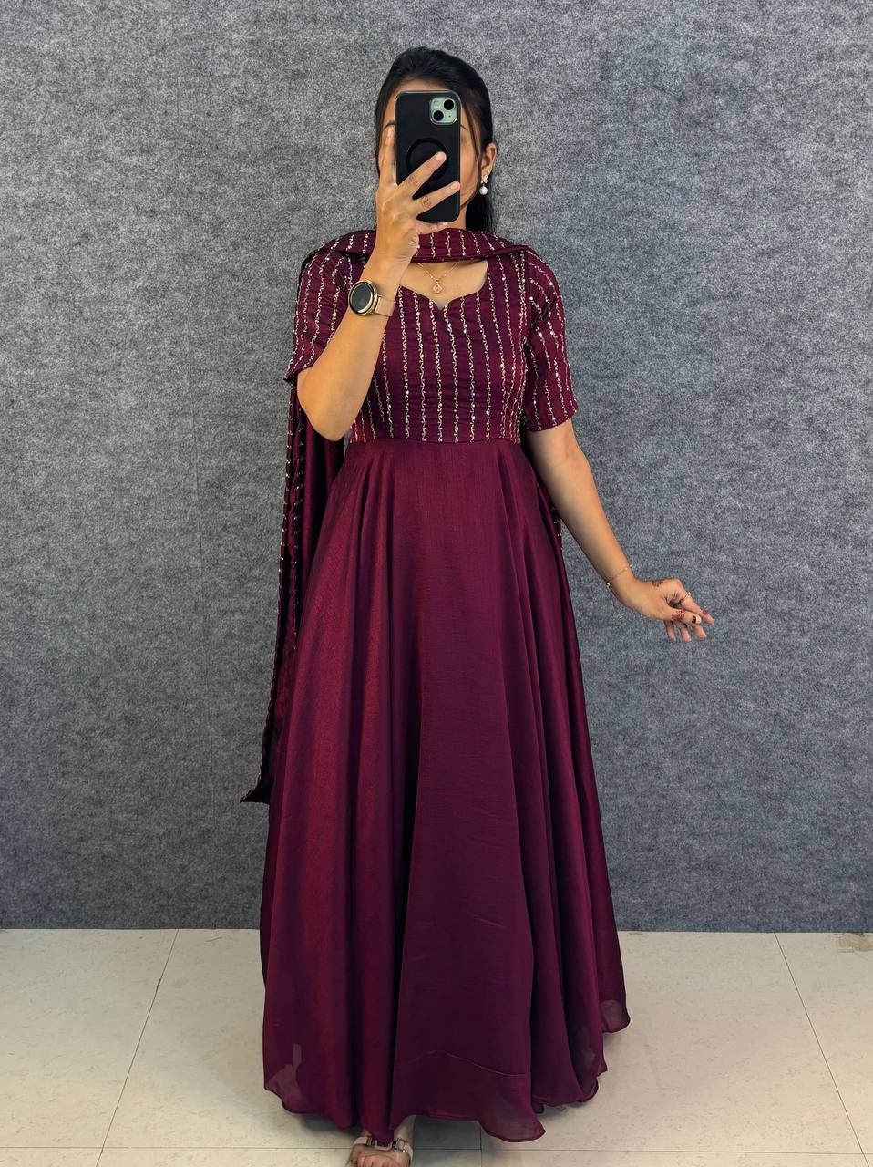 Blooming Vichitra Silk Draping Style Party Wear Gown Set with Dupatta & Belt