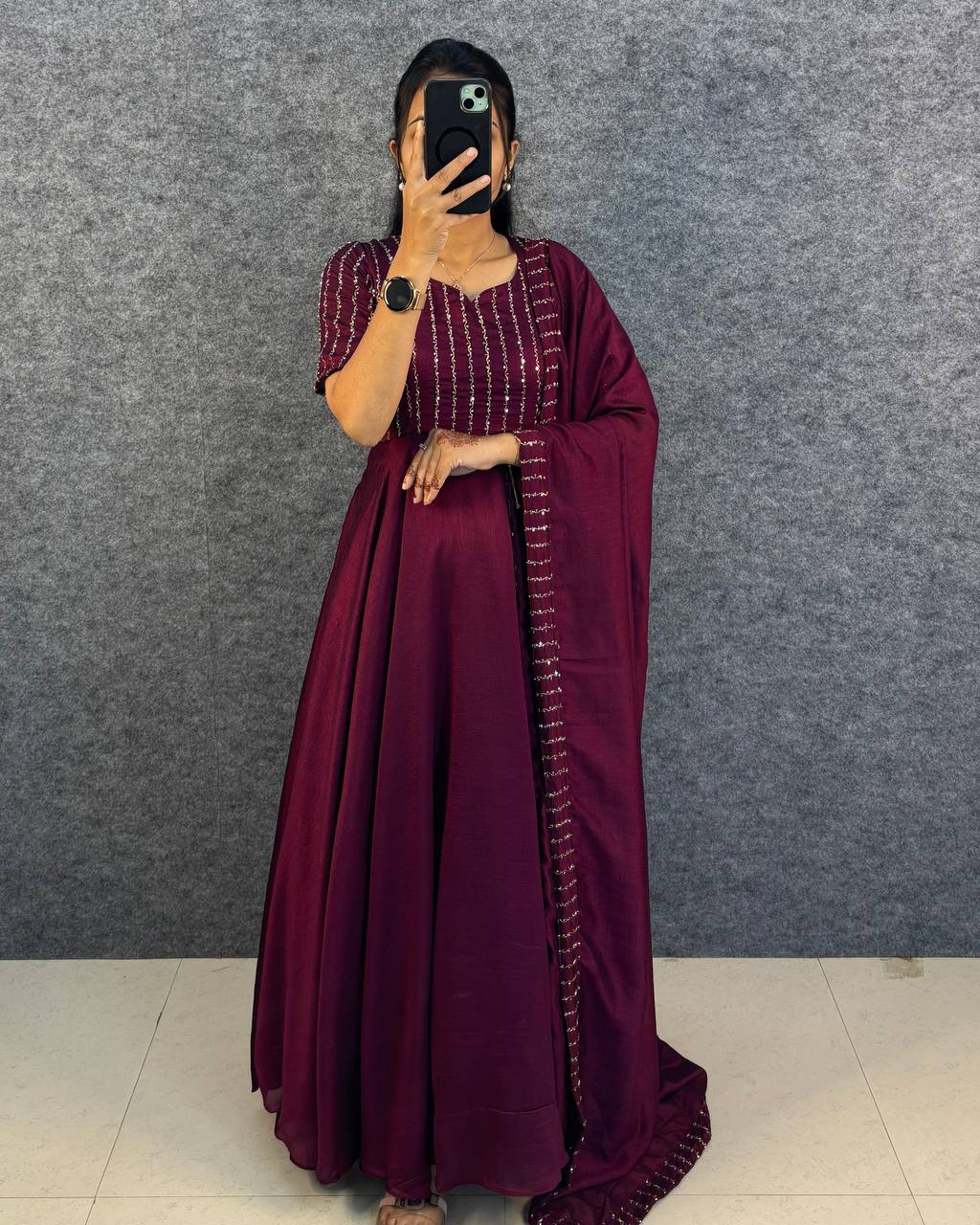 Blooming Vichitra Silk Draping Style Party Wear Gown Set with Dupatta & Belt