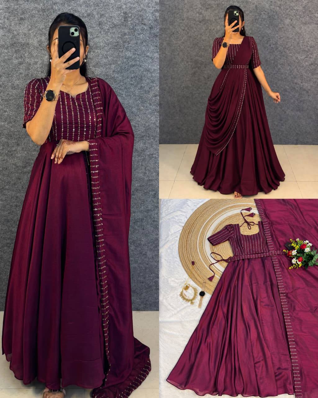 Blooming Vichitra Silk Draping Style Party Wear Gown Set with Dupatta & Belt