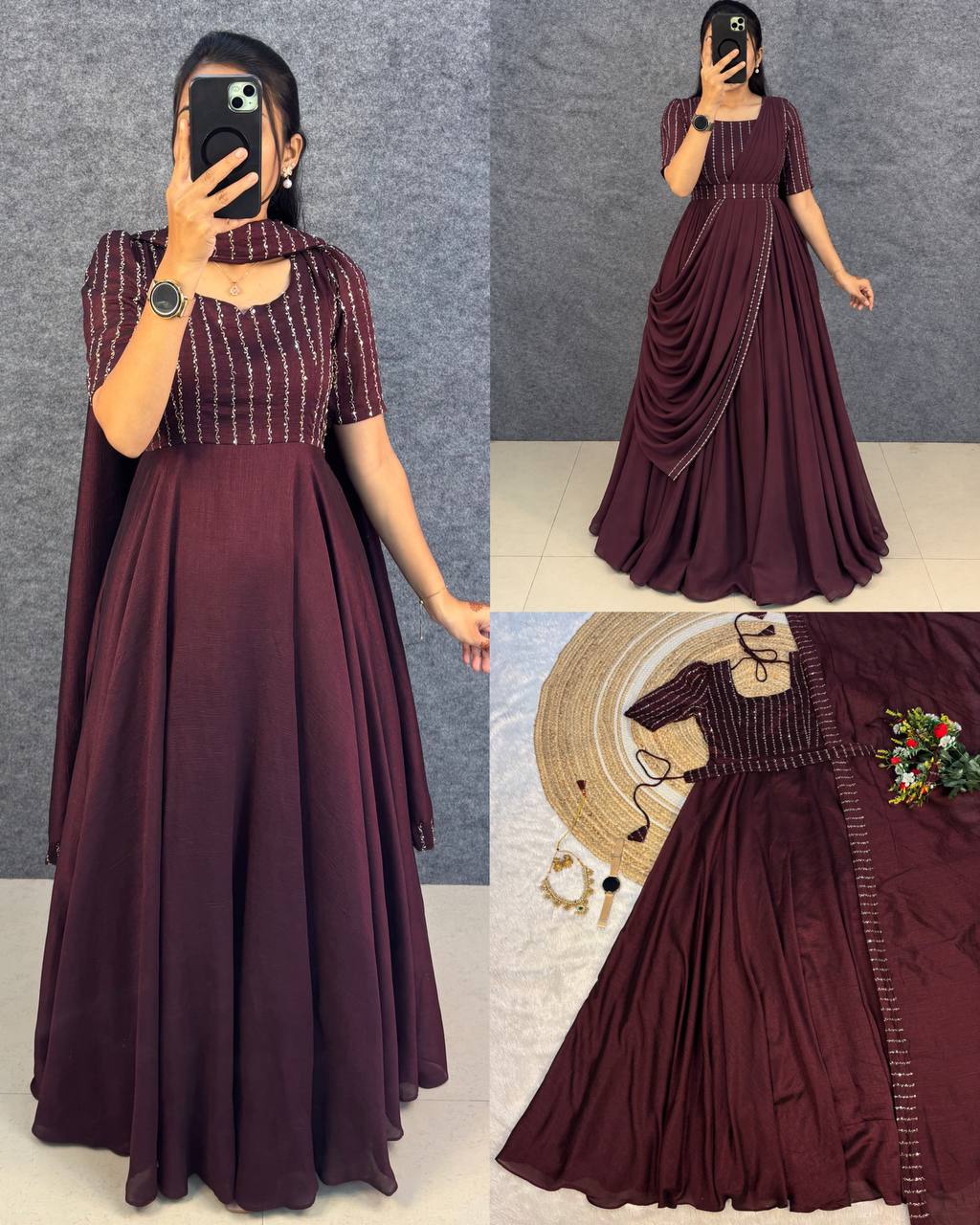 Blooming Vichitra Silk Draping Style Party Wear Gown Set with Dupatta & Belt