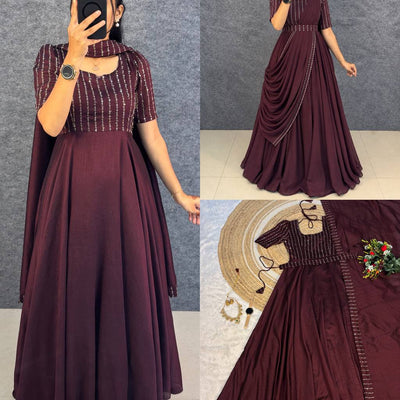 Blooming Vichitra Silk Draping Style Party Wear Gown Set with Dupatta & Belt