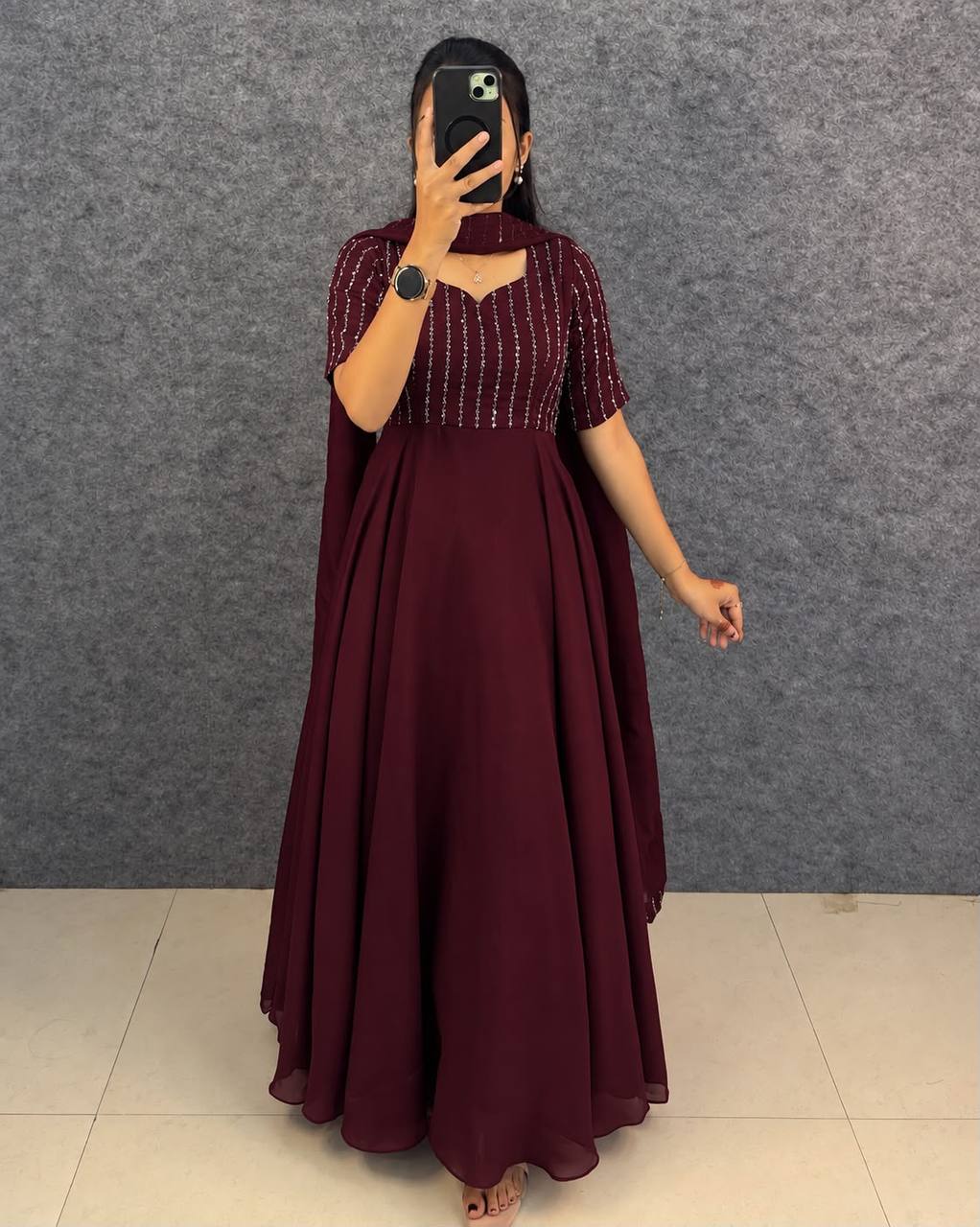 Blooming Vichitra Silk Draping Style Party Wear Gown Set with Dupatta & Belt