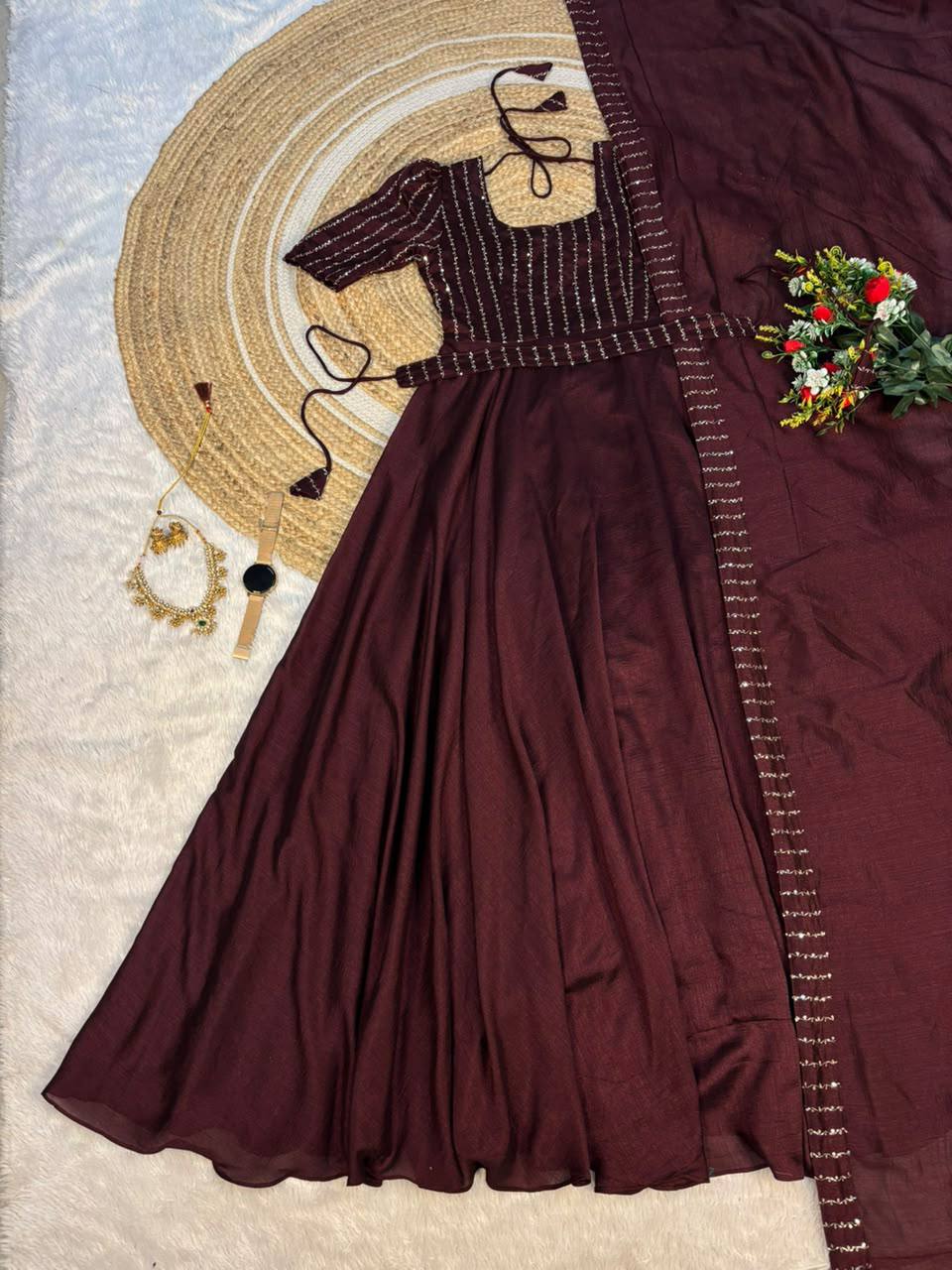 Blooming Vichitra Silk Draping Style Party Wear Gown Set with Dupatta & Belt