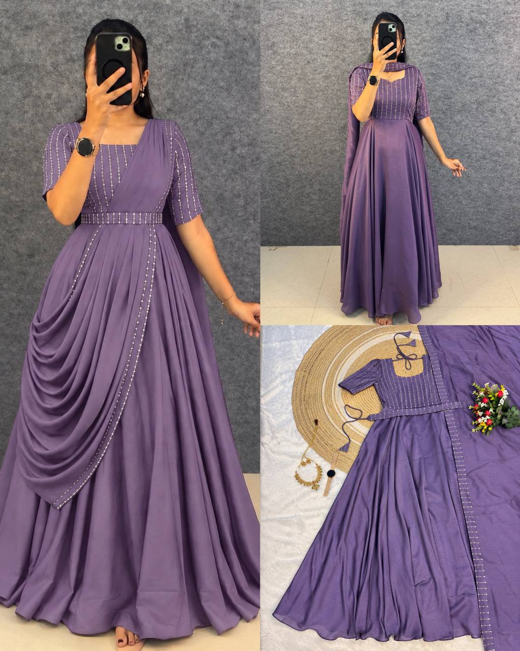 Blooming Vichitra Silk Draping Style Party Wear Gown Set with Dupatta & Belt