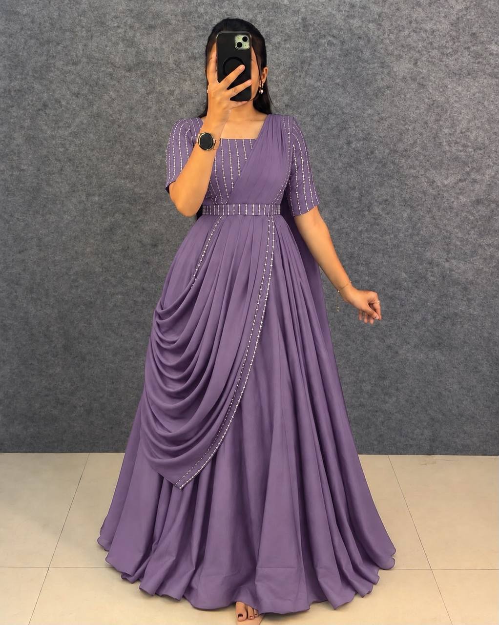 Blooming Vichitra Silk Draping Style Party Wear Gown Set with Dupatta & Belt