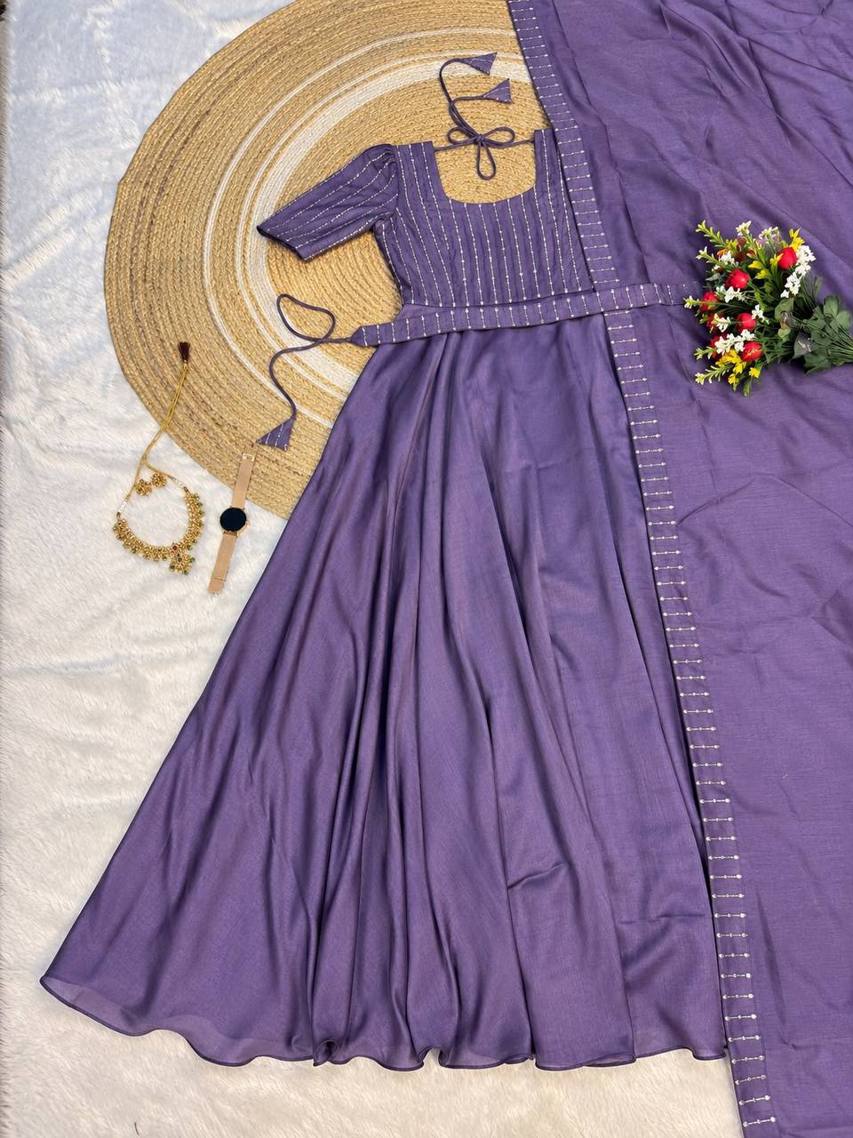 Blooming Vichitra Silk Draping Style Party Wear Gown Set with Dupatta & Belt