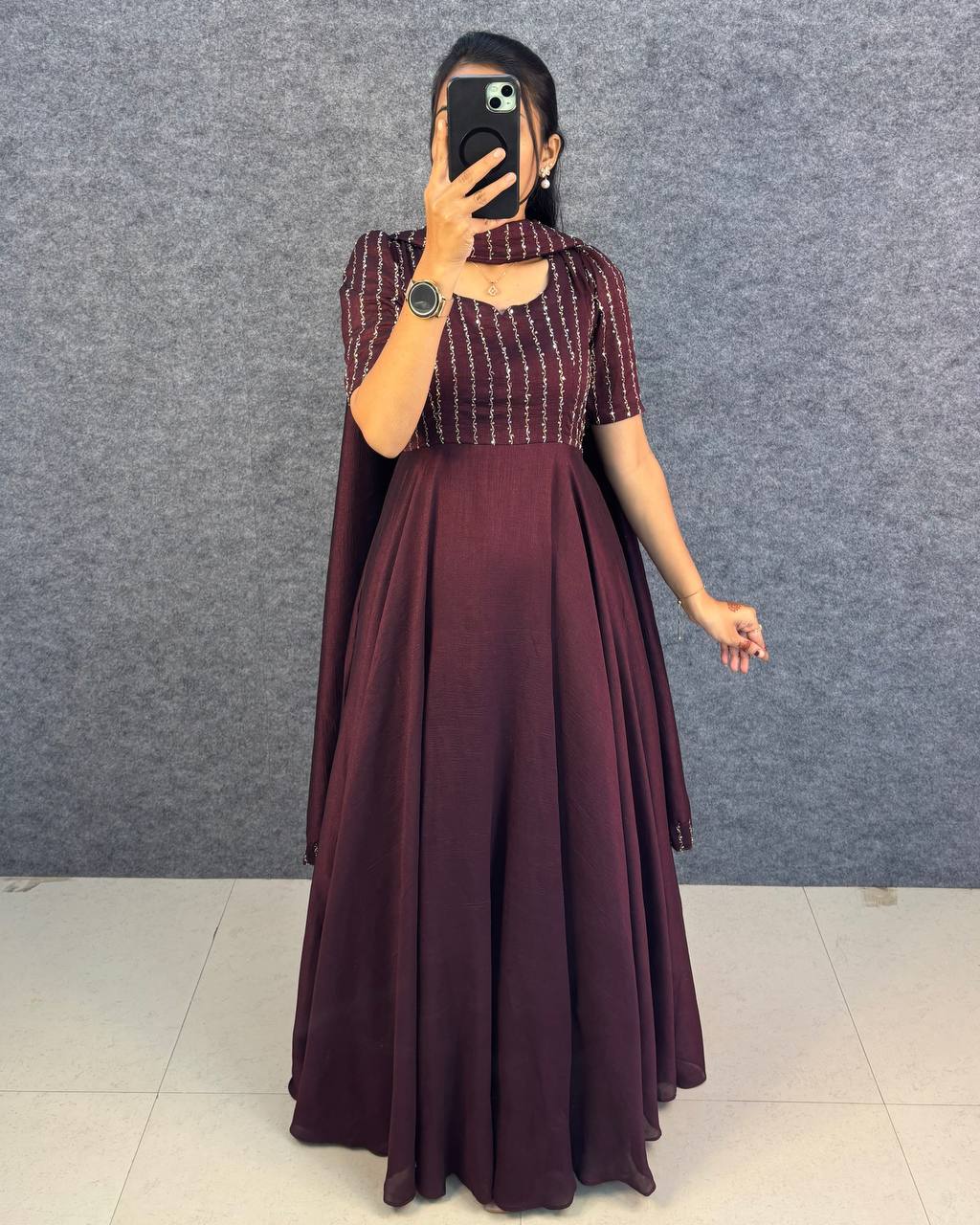 Blooming Vichitra Silk Draping Style Party Wear Gown Set with Dupatta & Belt