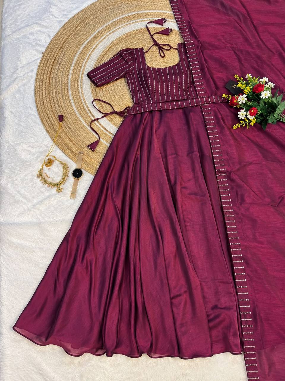 Blooming Vichitra Silk Draping Style Party Wear Gown Set with Dupatta & Belt