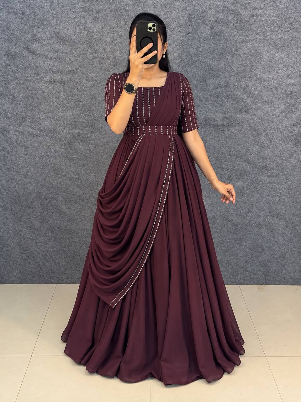 Blooming Vichitra Silk Draping Style Party Wear Gown Set with Dupatta & Belt