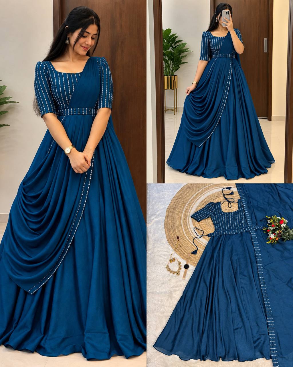 Blooming Vichitra Silk Draping Style Party Wear Gown Set with Dupatta & Belt