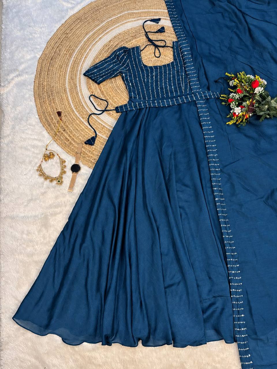 Blooming Vichitra Silk Draping Style Party Wear Gown Set with Dupatta & Belt