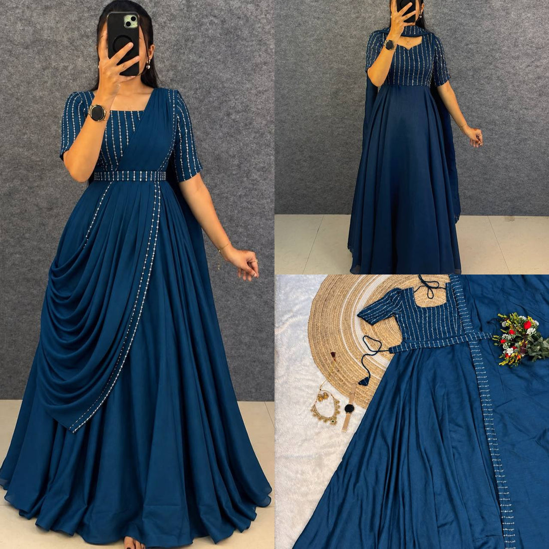Blooming Vichitra Silk Draping Style Party Wear Gown Set with Dupatta & Belt