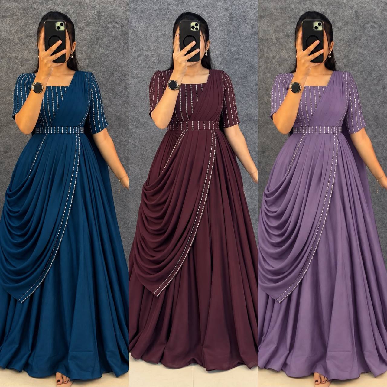 Blooming Vichitra Silk Draping Style Party Wear Gown Set with Dupatta & Belt