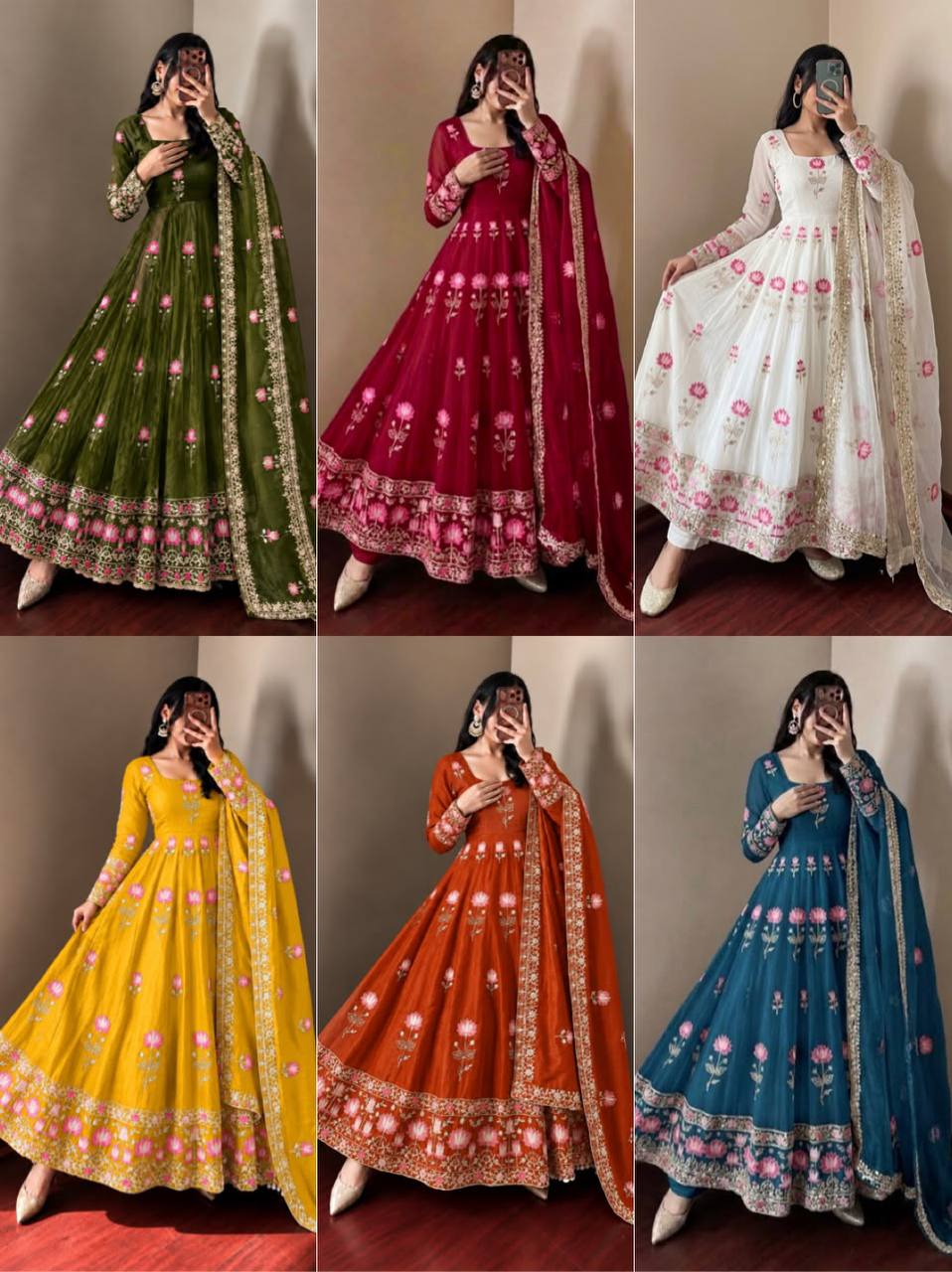 Fendy Silk Flared Gown Set with Sequence Embroidered Dupatta & Micro Cotton Pant