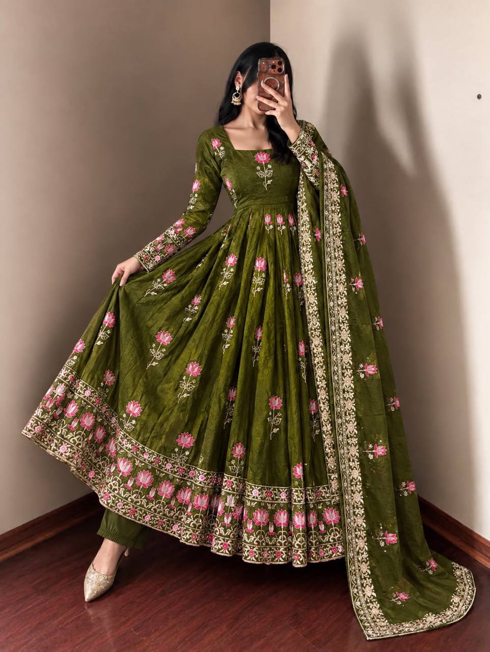 Fendy Silk Flared Gown Set with Sequence Embroidered Dupatta & Micro Cotton Pant