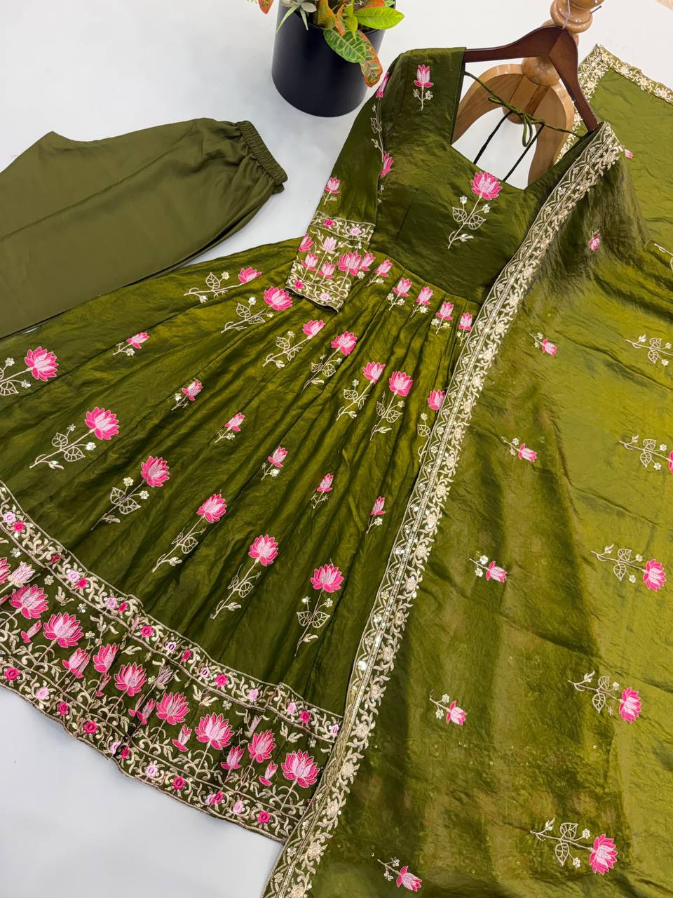 Fendy Silk Flared Gown Set with Sequence Embroidered Dupatta & Micro Cotton Pant