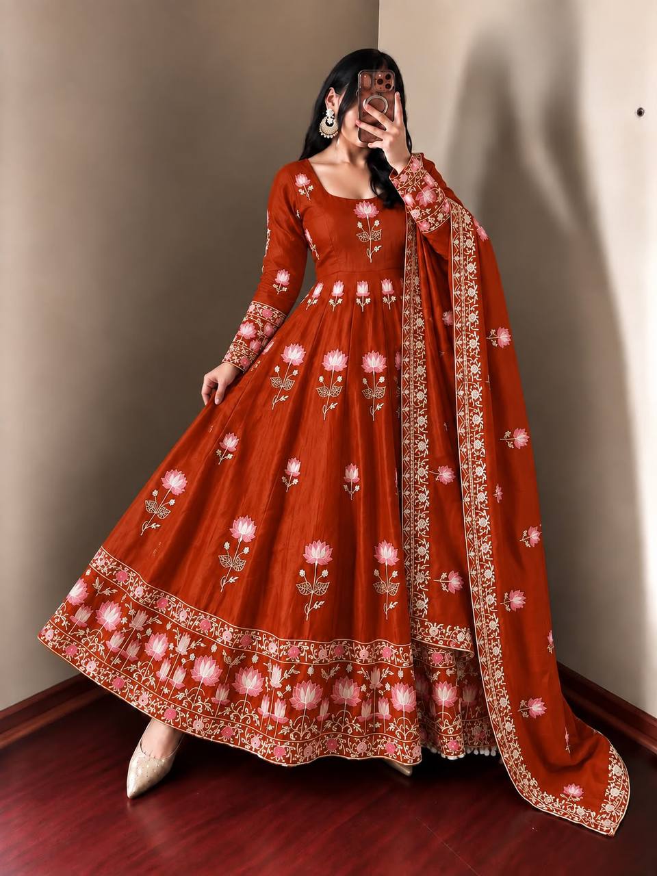 Fendy Silk Flared Gown Set with Sequence Embroidered Dupatta & Micro Cotton Pant