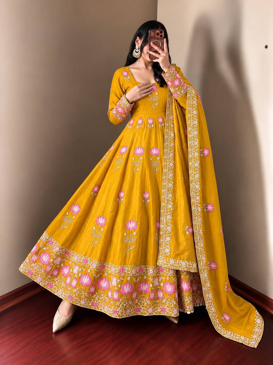 Fendy Silk Flared Gown Set with Sequence Embroidered Dupatta & Micro Cotton Pant
