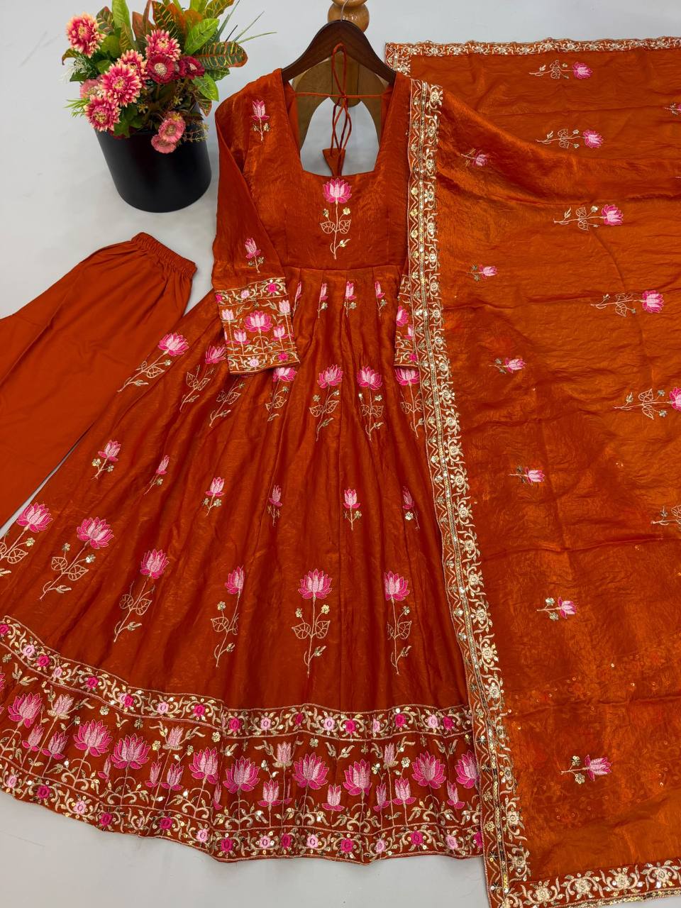 Fendy Silk Flared Gown Set with Sequence Embroidered Dupatta & Micro Cotton Pant