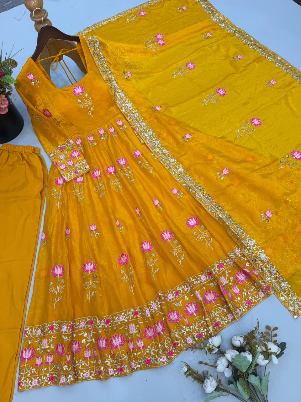 Fendy Silk Flared Gown Set with Sequence Embroidered Dupatta & Micro Cotton Pant