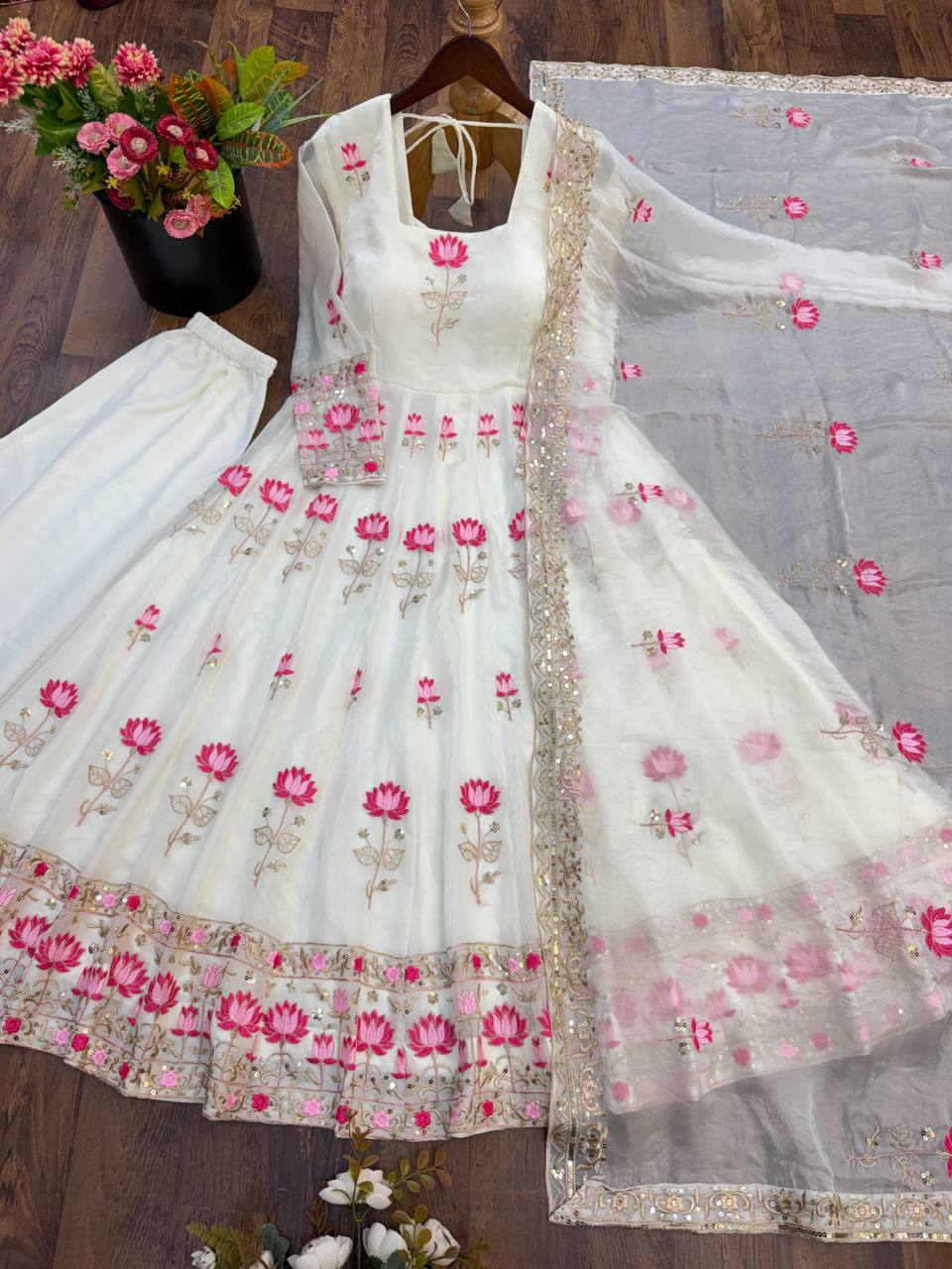 Fendy Silk Flared Gown Set with Sequence Embroidered Dupatta & Micro Cotton Pant