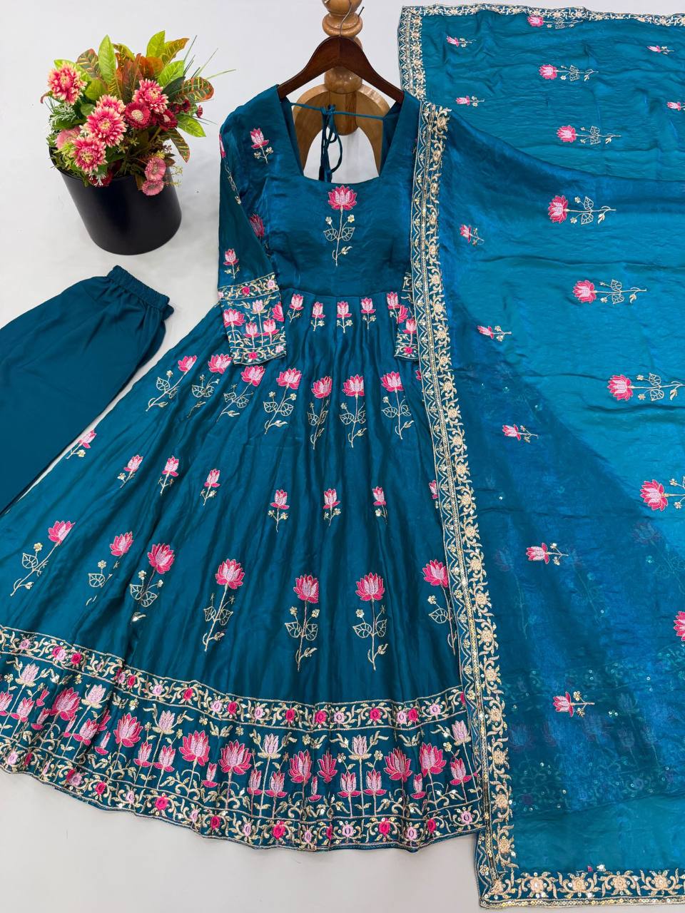 Fendy Silk Flared Gown Set with Sequence Embroidered Dupatta & Micro Cotton Pant
