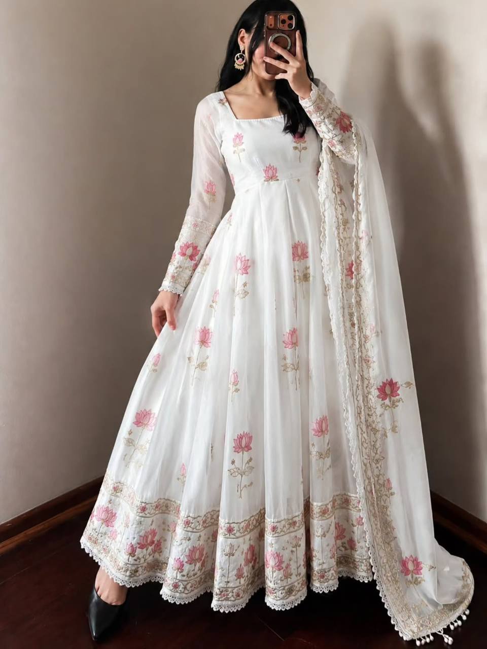 Fendy Silk Flared Gown Set with Sequence Embroidered Dupatta & Micro Cotton Pant