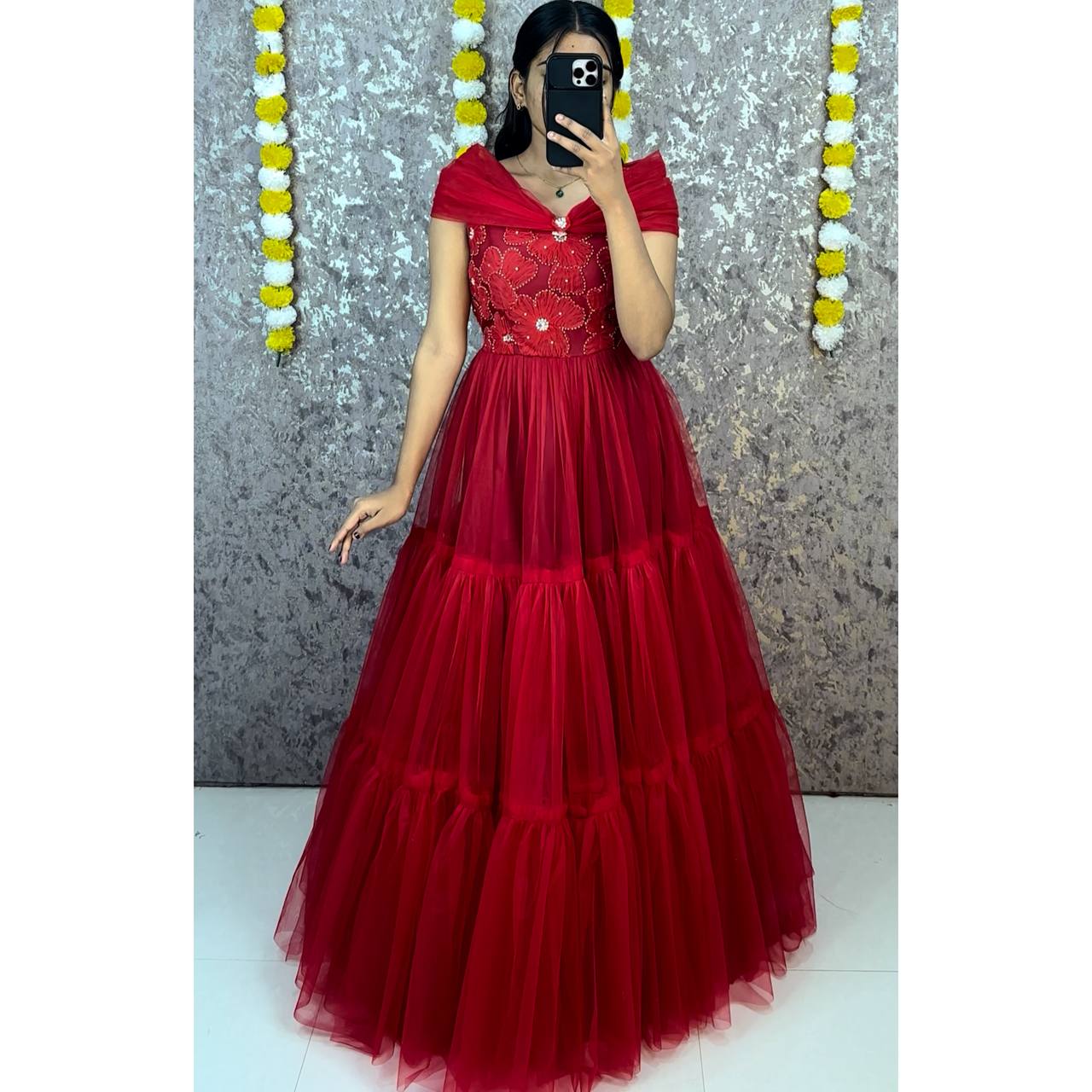 3-Layer Net Flared Gown with Bead Work Bodice & Shoulder Tie-Up Bows