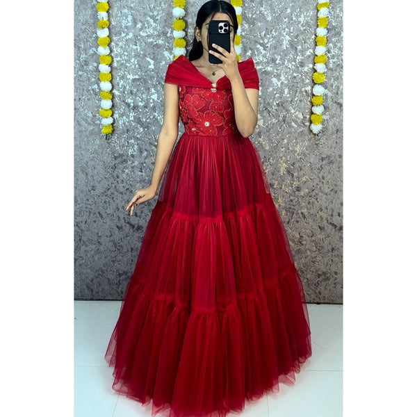 3-Layer Net Flared Gown with Bead Work Bodice & Shoulder Tie-Up Bows