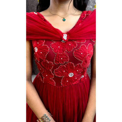 3-Layer Net Flared Gown with Bead Work Bodice & Shoulder Tie-Up Bows