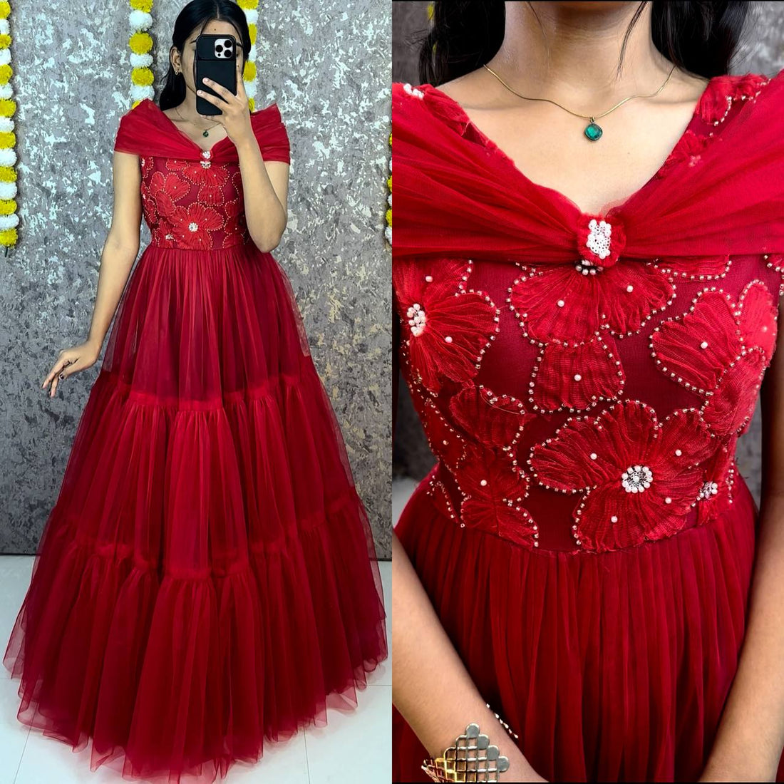 3-Layer Net Flared Gown with Bead Work Bodice & Shoulder Tie-Up Bows