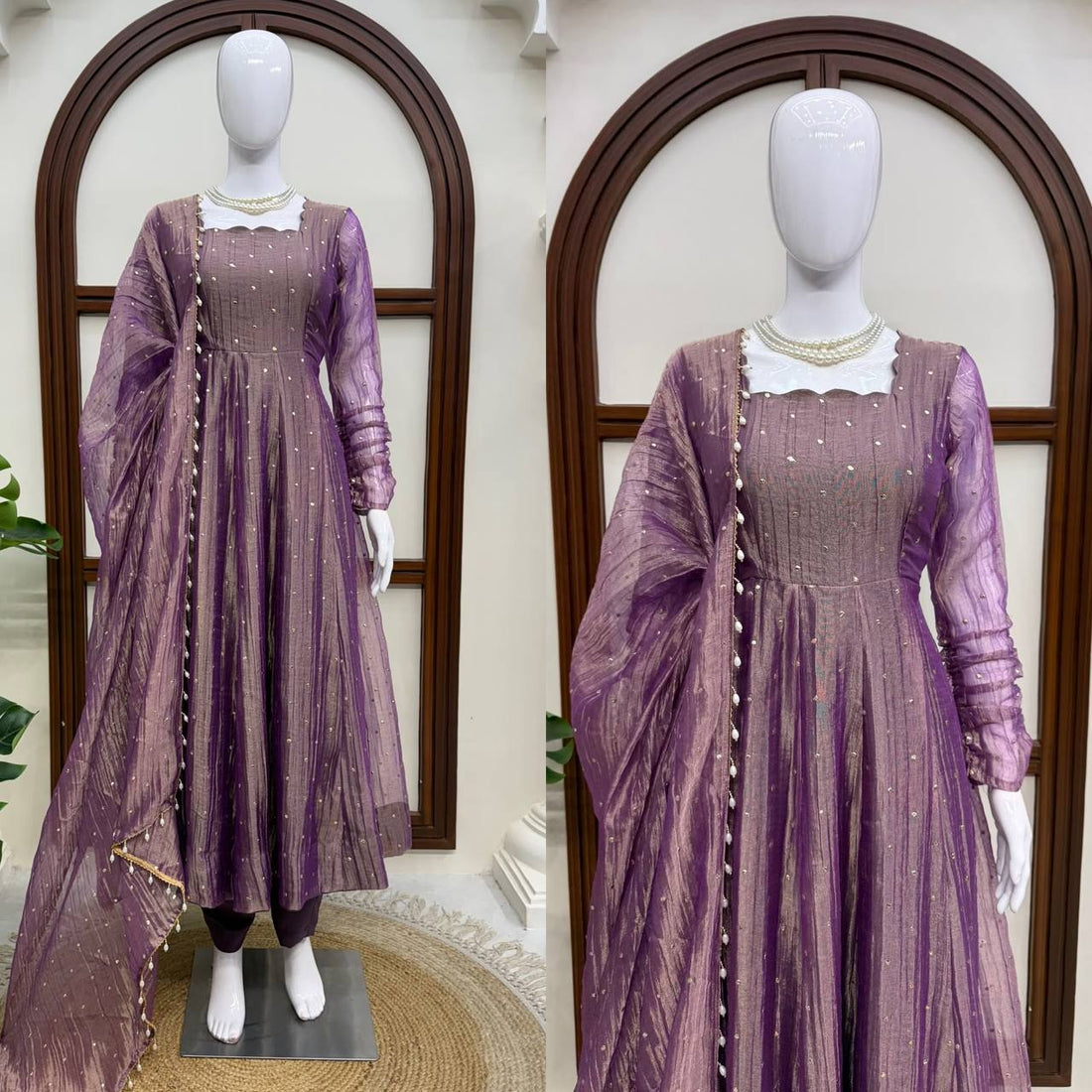 Designer Salsa Silk Foil Work Gown Set with Stitched Pant and Dupatta