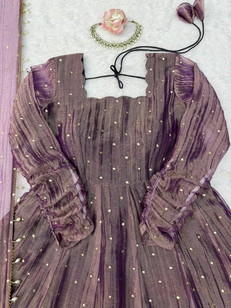 Designer Salsa Silk Foil Work Gown Set with Stitched Pant and Dupatta