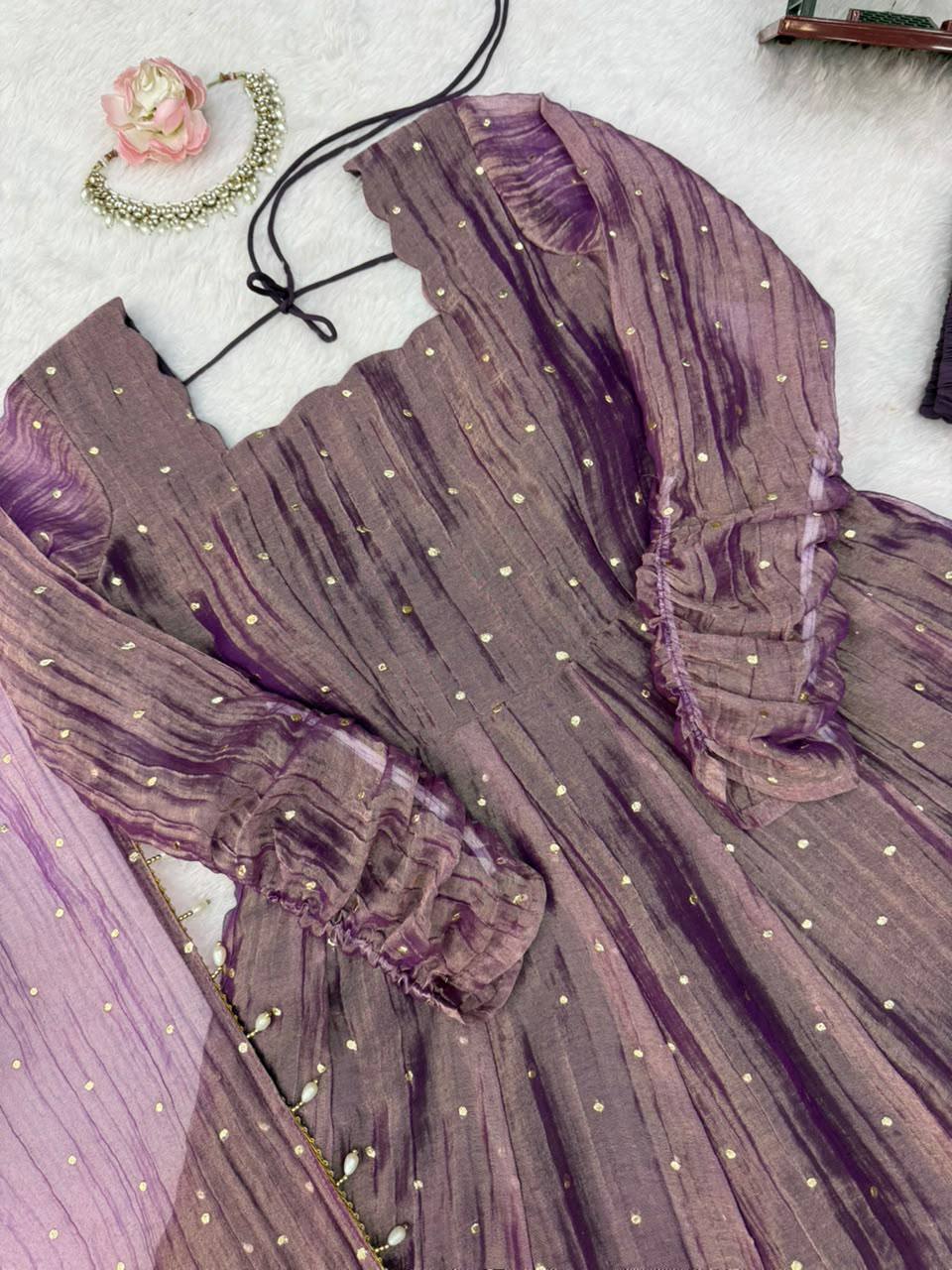 Designer Salsa Silk Foil Work Gown Set with Stitched Pant and Dupatta