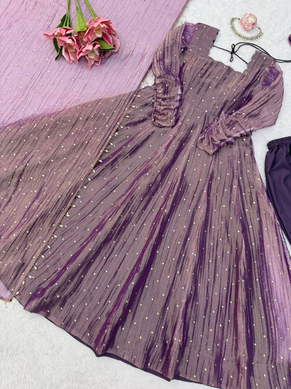 Designer Salsa Silk Foil Work Gown Set with Stitched Pant and Dupatta