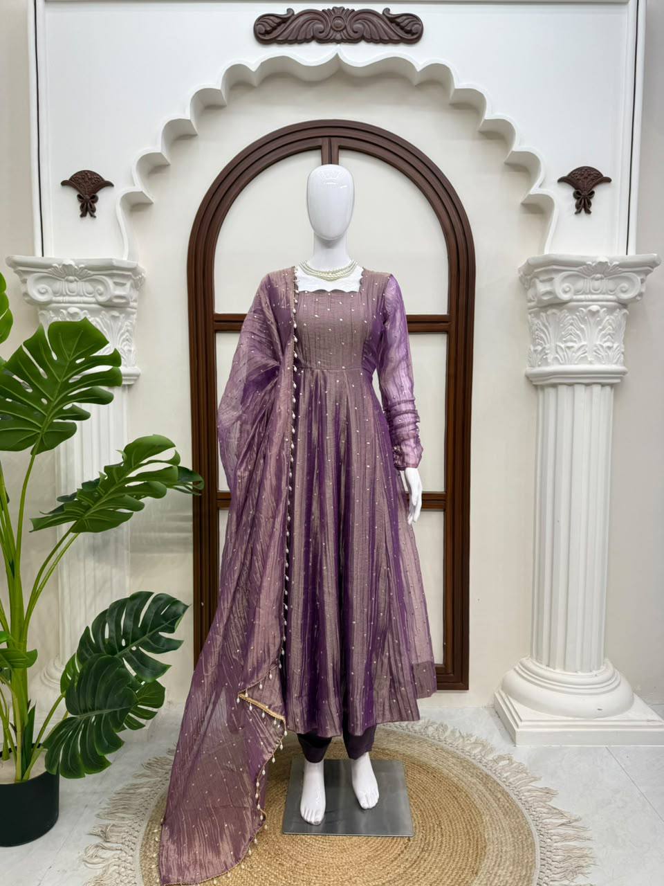 Designer Salsa Silk Foil Work Gown Set with Stitched Pant and Dupatta