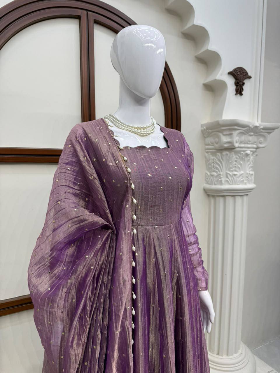 Designer Salsa Silk Foil Work Gown Set with Stitched Pant and Dupatta