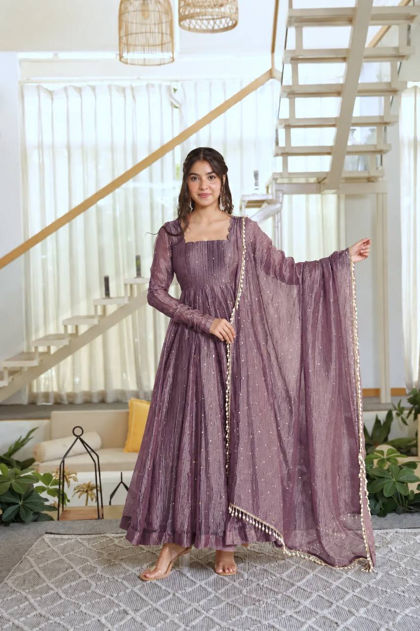 Designer Salsa Silk Foil Work Gown Set with Stitched Pant and Dupatta