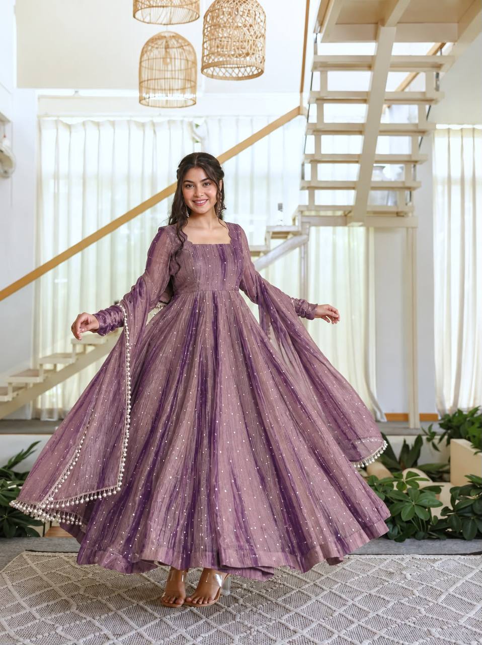 Designer Salsa Silk Foil Work Gown Set with Stitched Pant and Dupatta