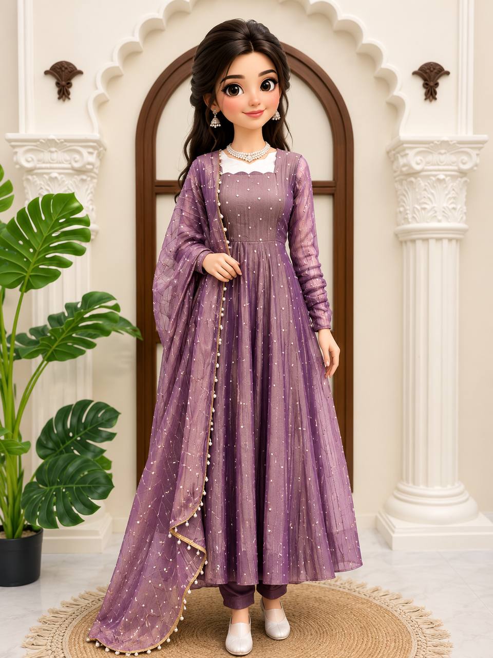 Designer Salsa Silk Foil Work Gown Set with Stitched Pant and Dupatta