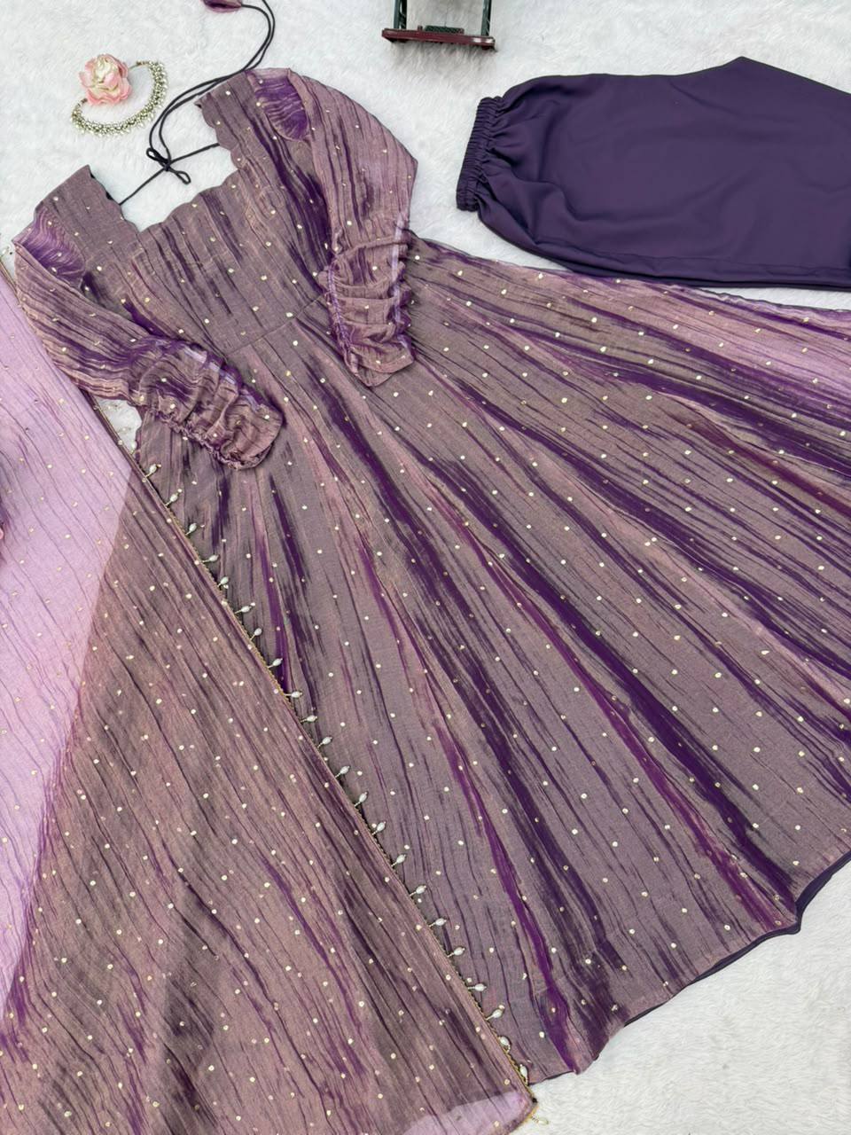 Designer Salsa Silk Foil Work Gown Set with Stitched Pant and Dupatta