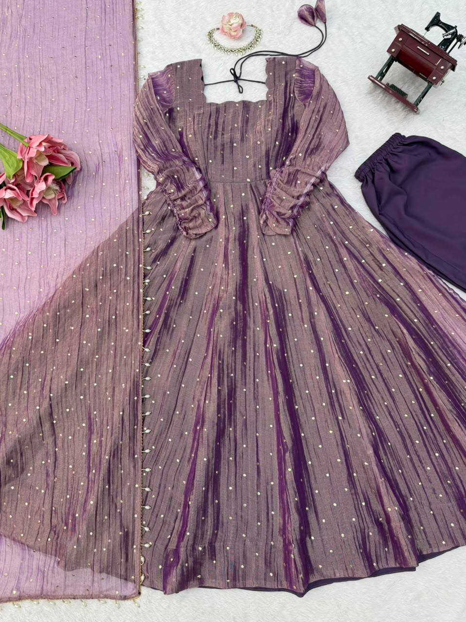Designer Salsa Silk Foil Work Gown Set with Stitched Pant and Dupatta